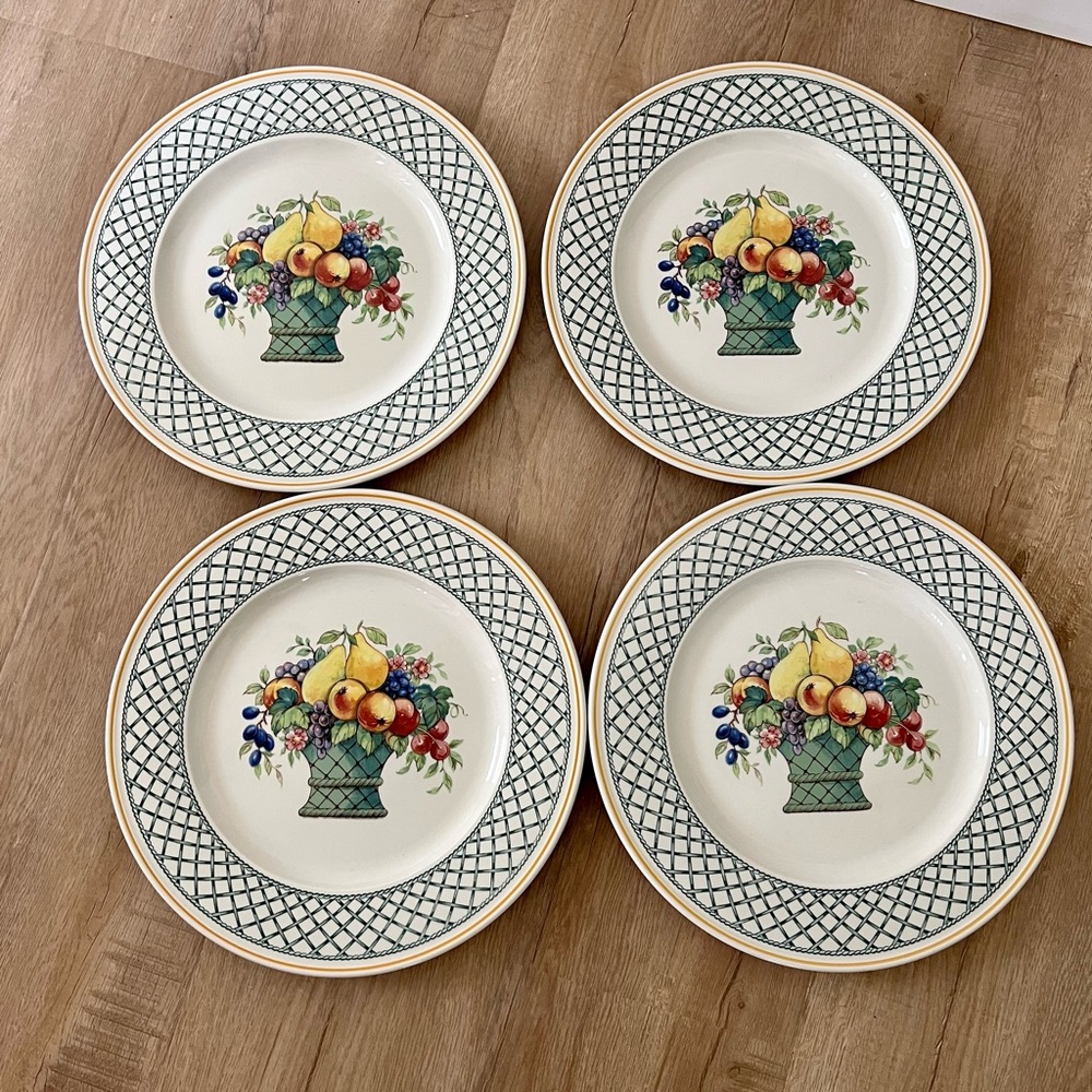 4 PCs Villeroy & Boch BASKET GARDEN Brown Backstamp, Large Dinner Plates 12 7/8"